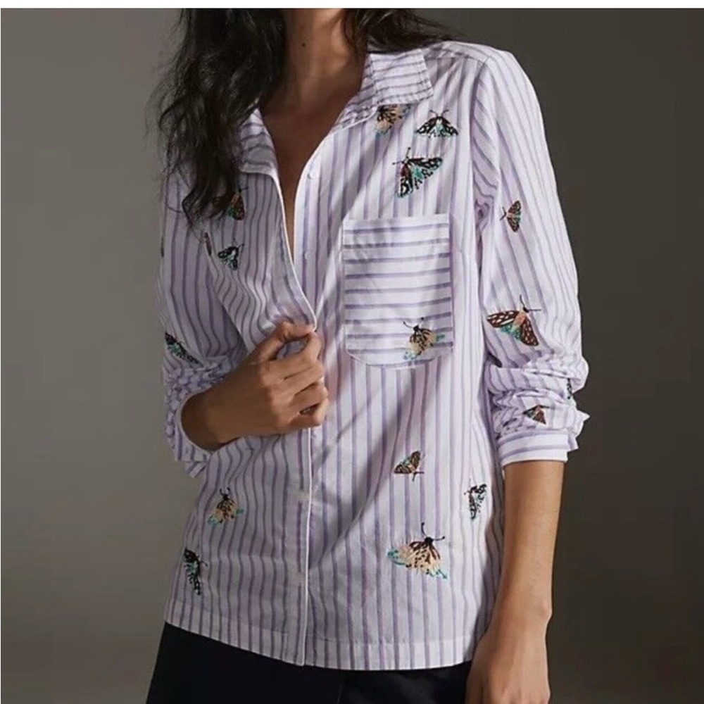 Maeve Purple Striped Butterfly Embroidered Shirt